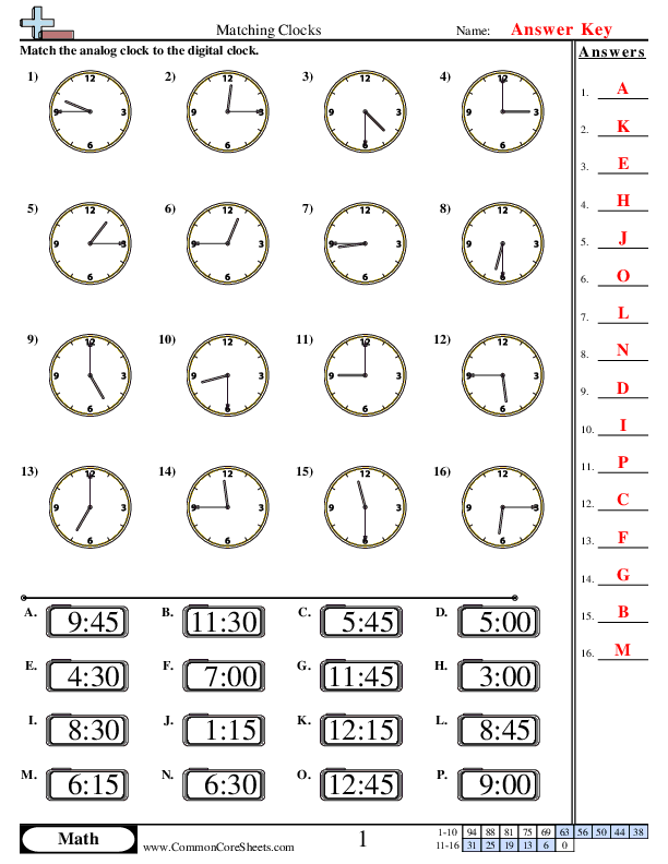  - matching-clocks-15-minute-increments worksheet