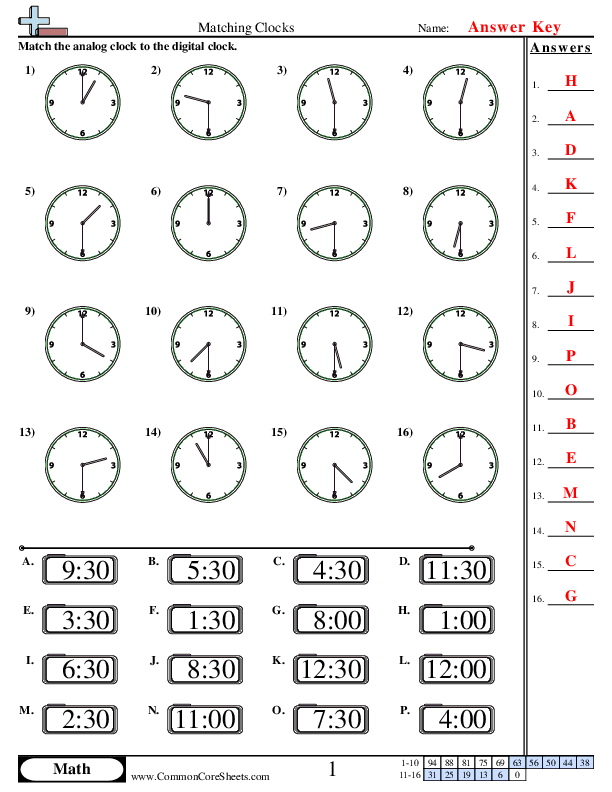  - matching-clocks-half-hour-increments worksheet
