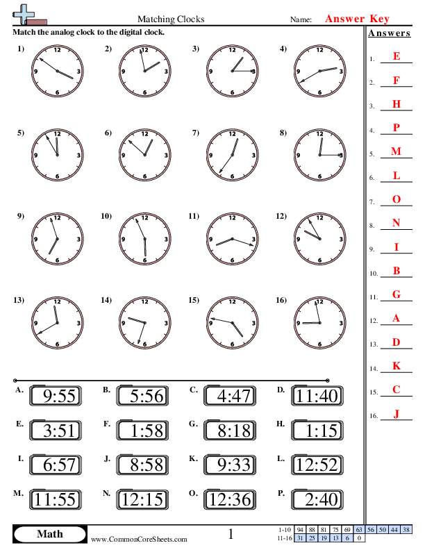  - matching-clocks-1-minute-increments worksheet
