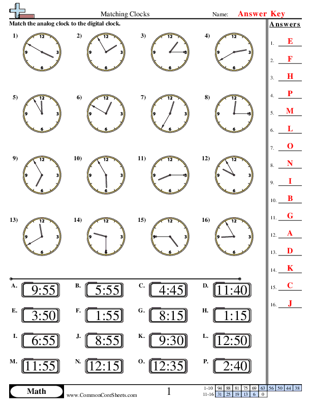  - matching-clocks-5-minute-increments worksheet