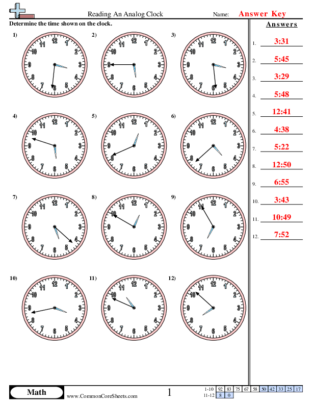  - reading-a-clock-1-minute-increments worksheet