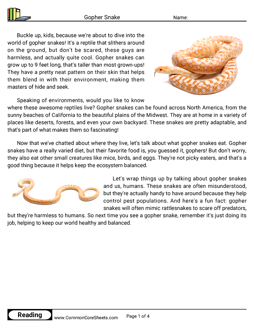 Reading Comprehension Reptiles - gopher-snake worksheet