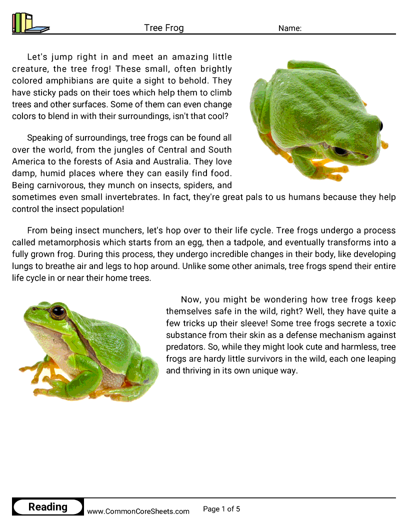 Reading Comprehension Reptiles - tree-frog worksheet