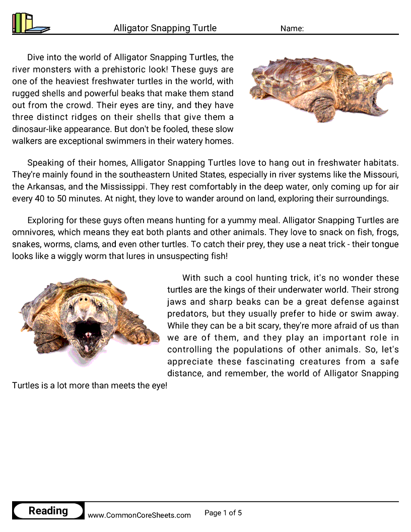 Reading Comprehension Reptiles - alligator-snapping-turtle worksheet