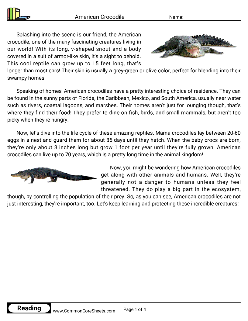 Reading Comprehension Reptiles - american-crocodile worksheet