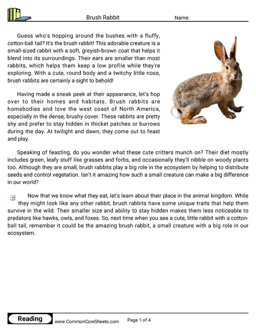 Reading Comprehension Mammals - brush-rabbit worksheet