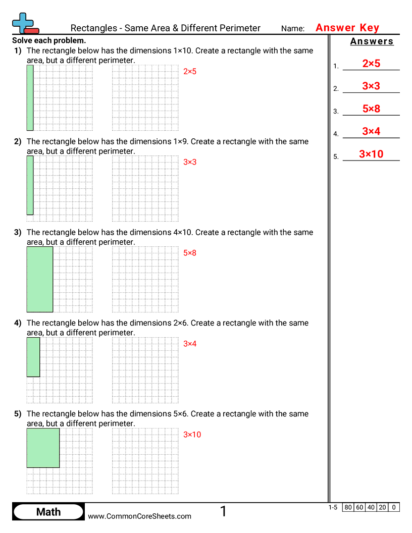 3rd Grade Area & Perimeter Worksheets - rectangles-same-area-different-perimeter worksheet