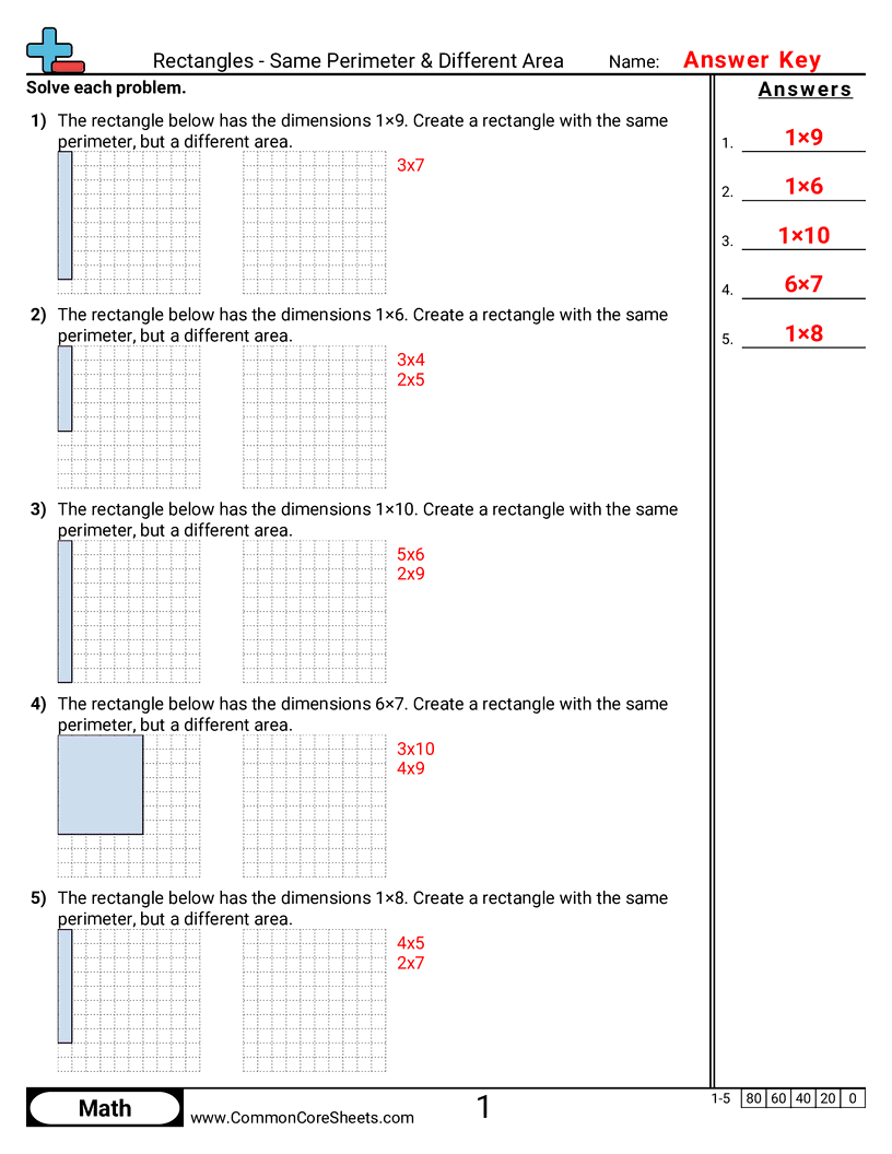3rd Grade Area & Perimeter Worksheets - rectangles-same-perimeter-different-area worksheet