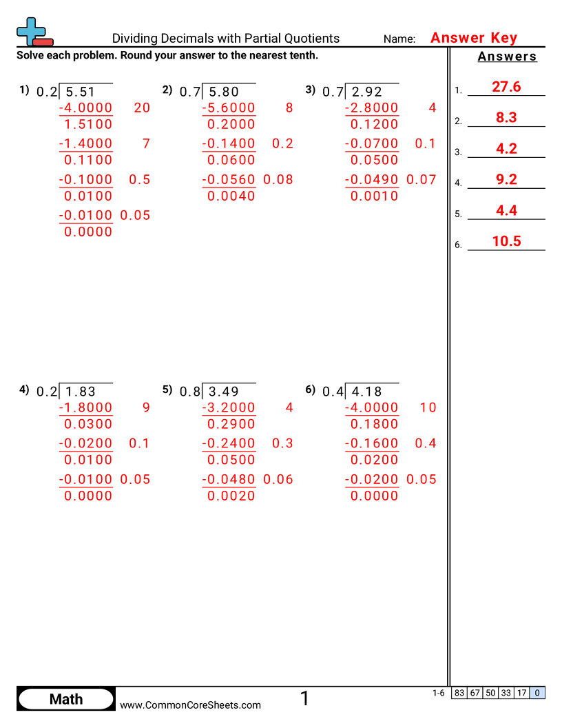5th Grade Decimal Worksheets - dividing-decimals-with-partial-quotients worksheet