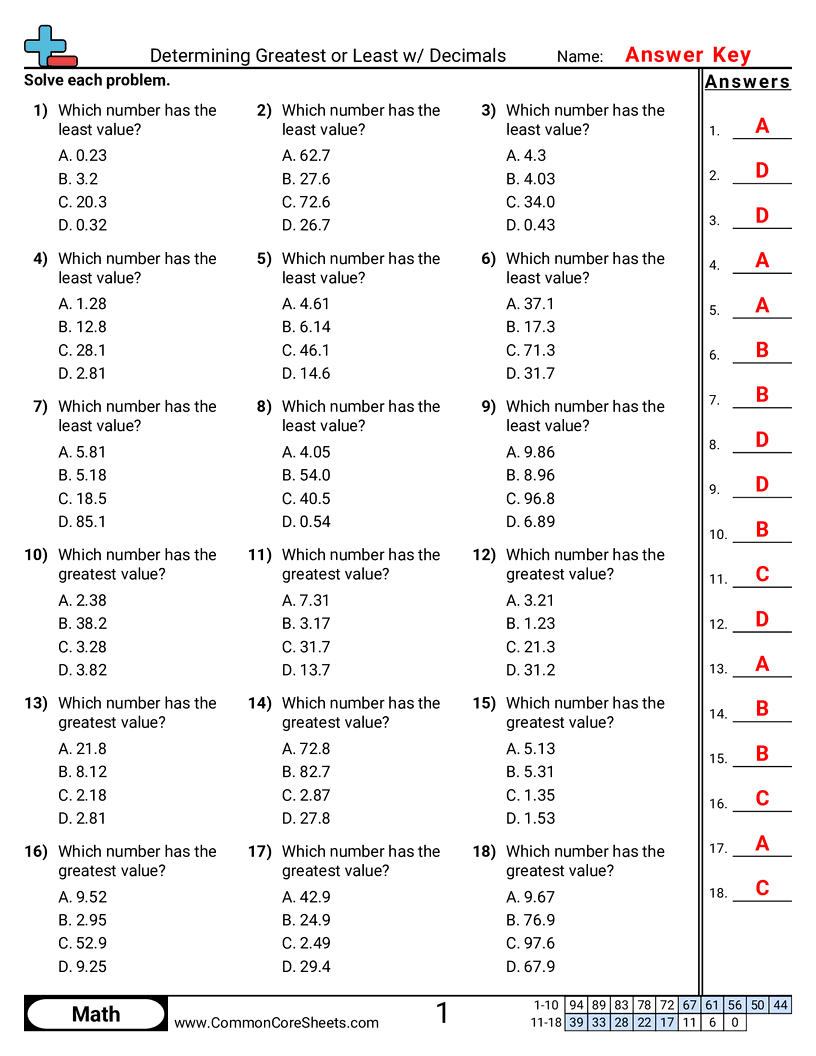 4th Grade Decimal Worksheets - determining-greater-or-less-value worksheet