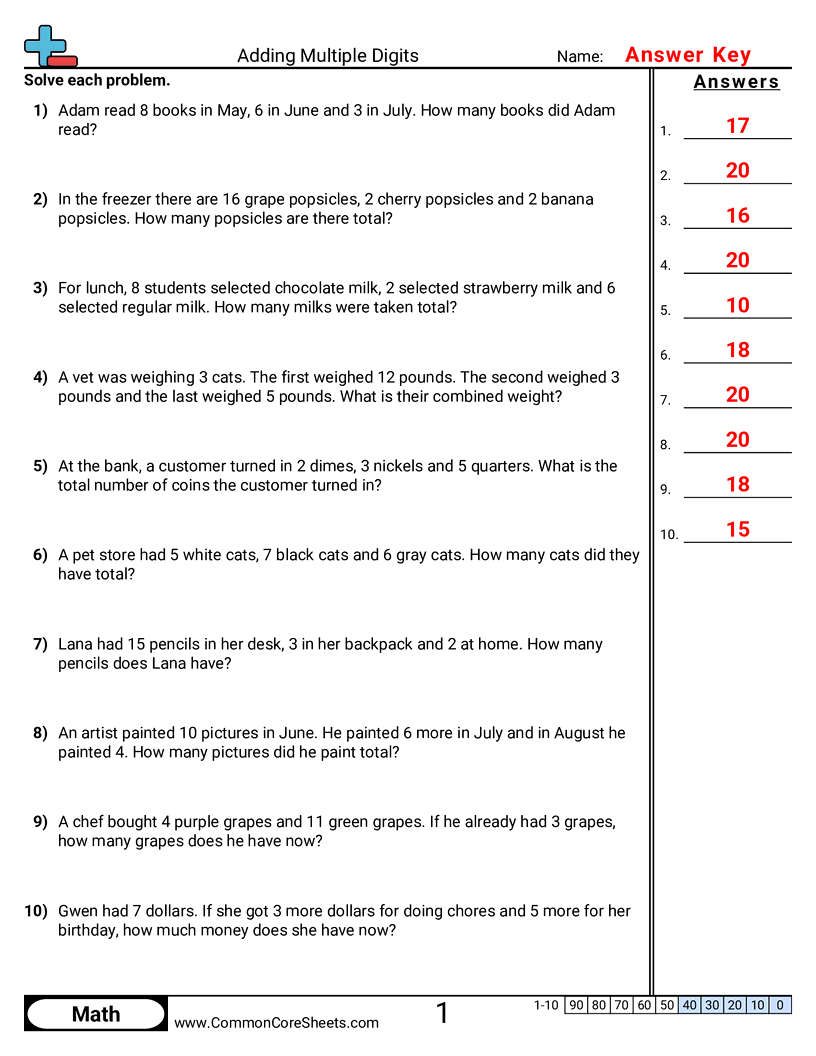 1oa2 Worksheets - 3-addends-less-than-20-word worksheet