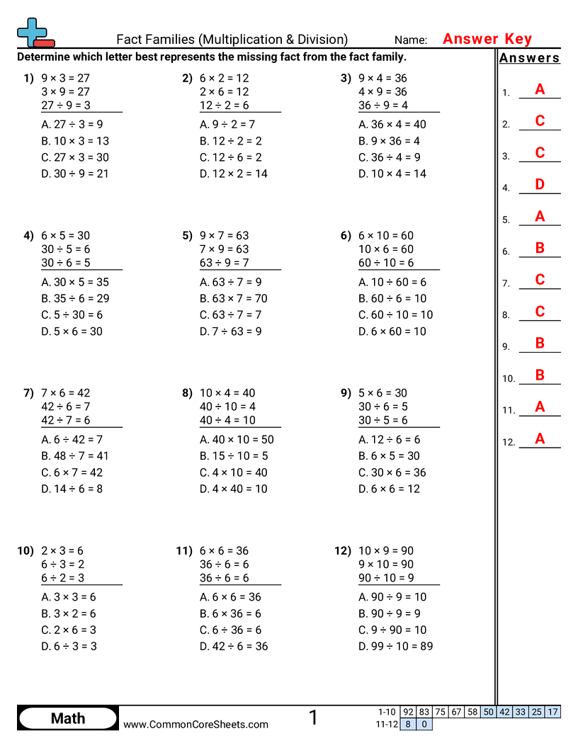 Fact Family Worksheets - find-missing-fact-multiple-choice worksheet