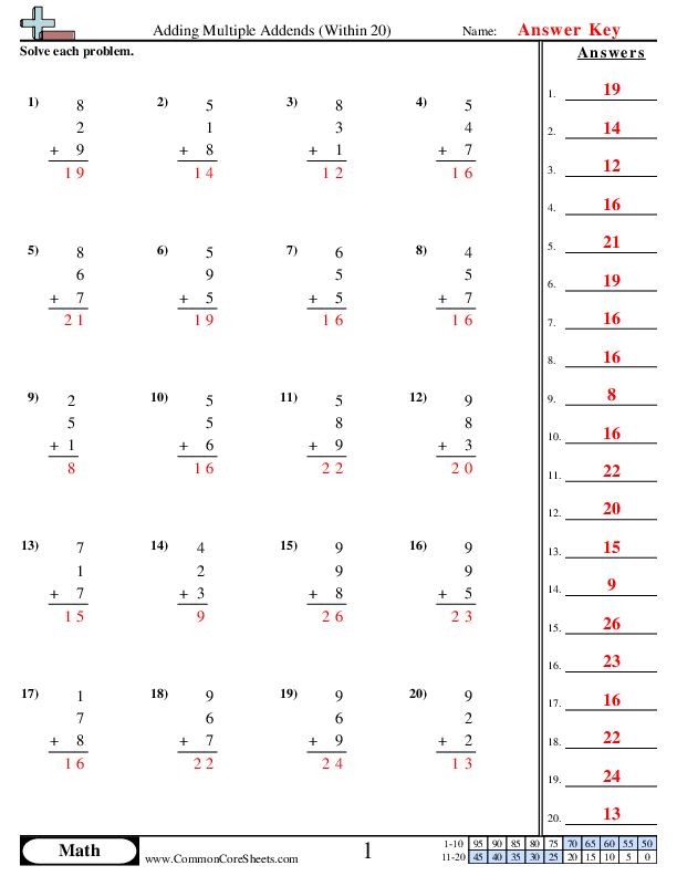  - adding-multiple-addends-3-addends-less-than-20-horizontal worksheet