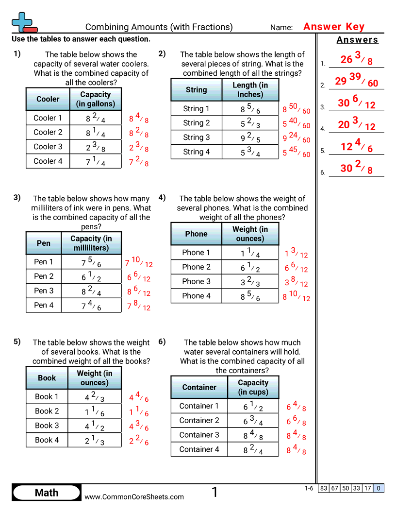Fraction Worksheets - combining-amounts worksheet