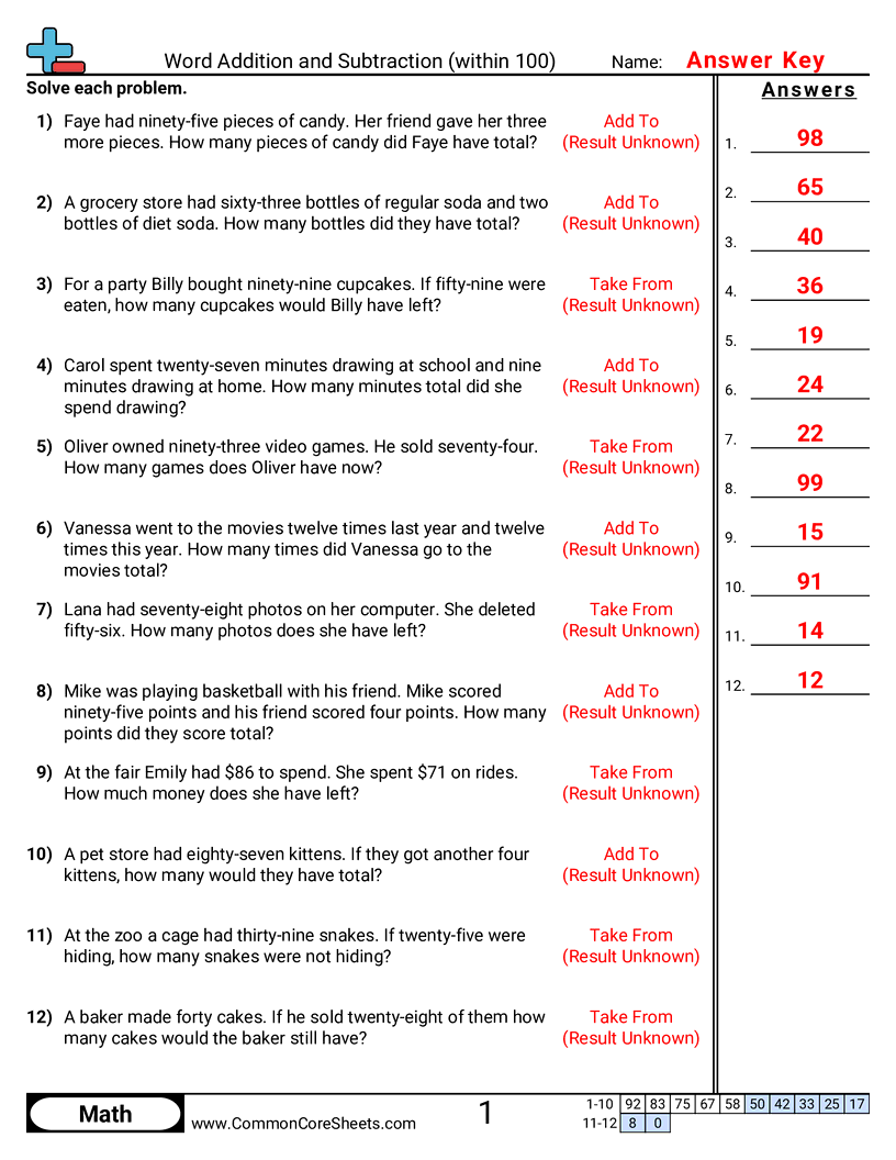 2oa1 Worksheets - word-addition-within-100 worksheet