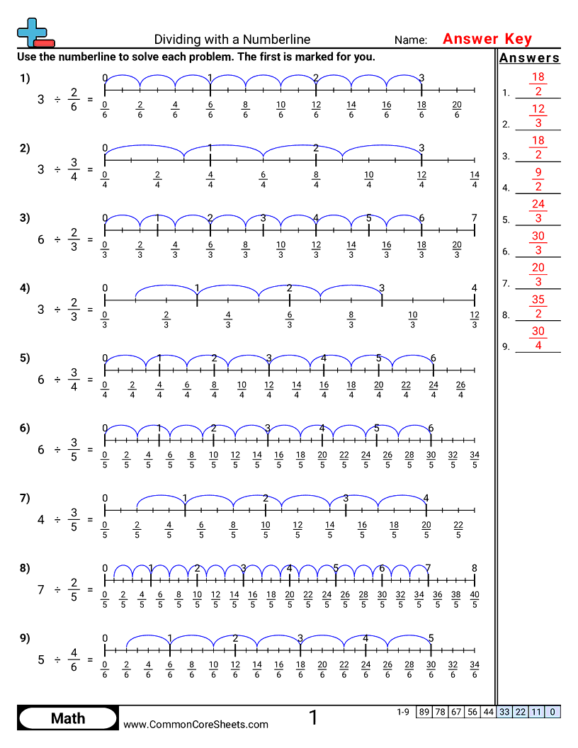 Fraction Worksheets - numberline-whole-by-fraction worksheet