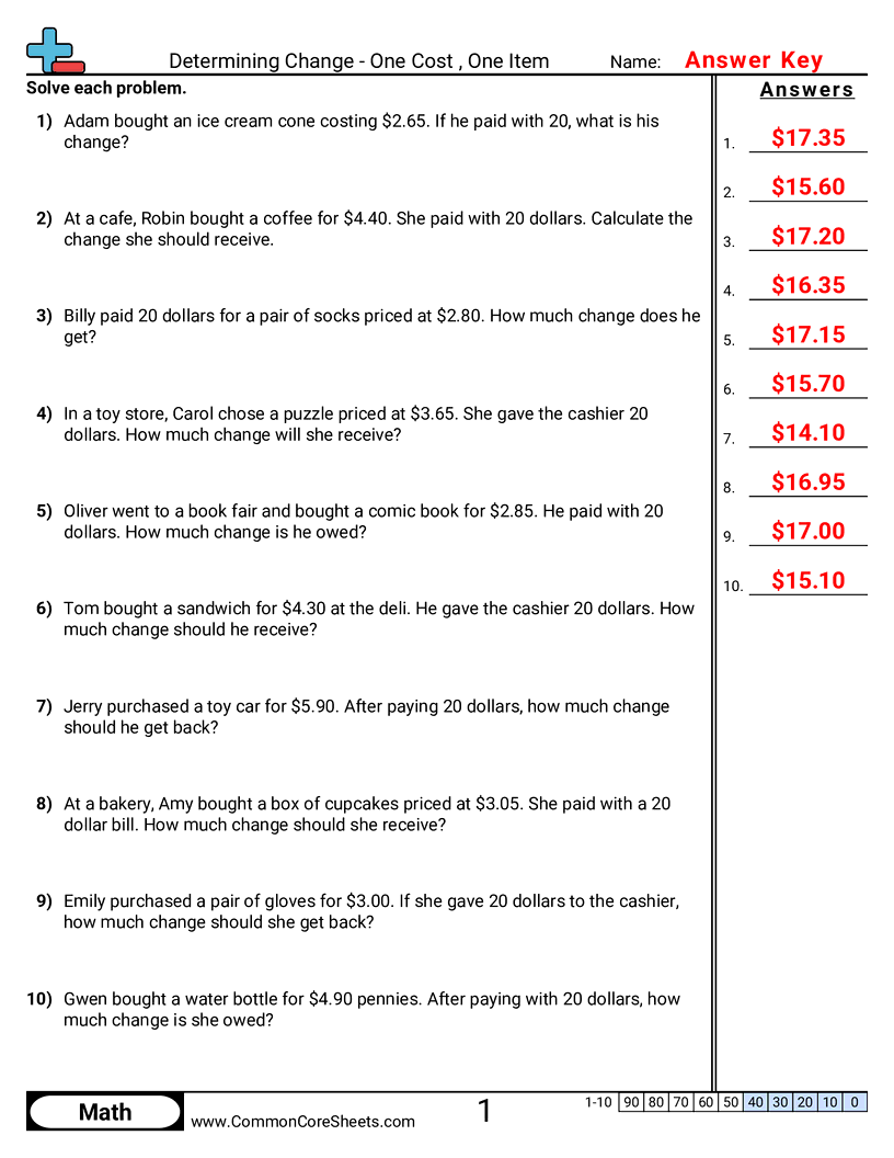 Money Worksheets - one-item-one-cost worksheet