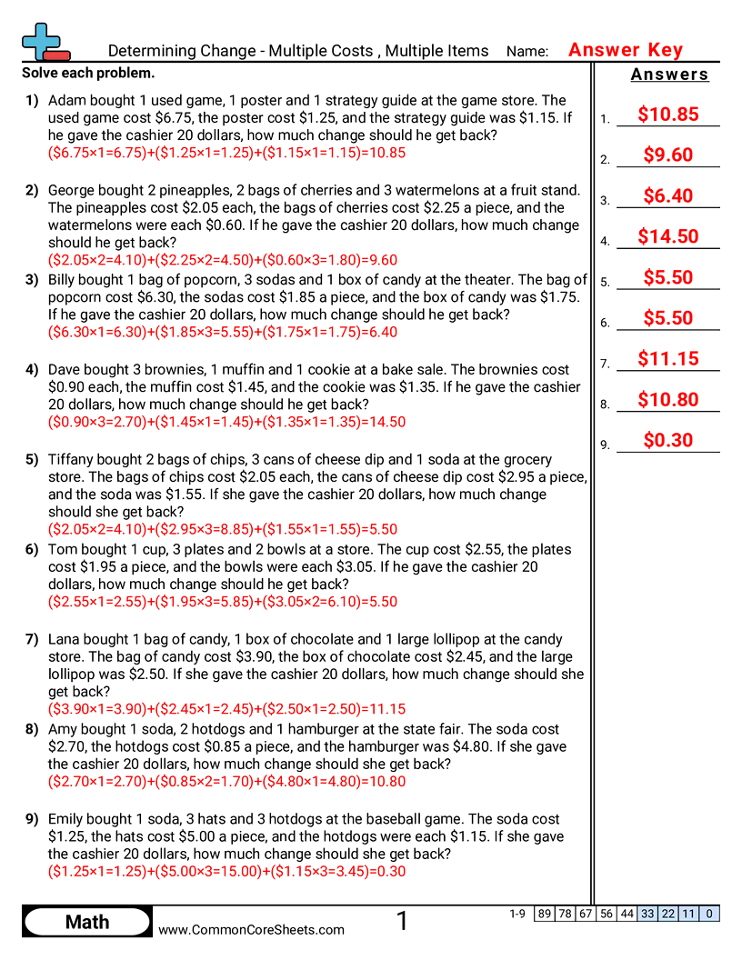 Money Worksheets - multiple-items-multiple-prices worksheet