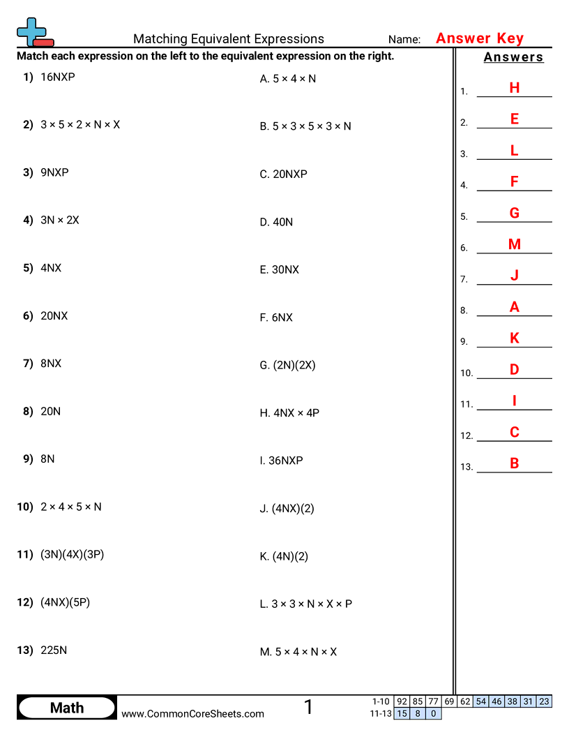 6ee4 Worksheets - matching-equivalent-expressions worksheet