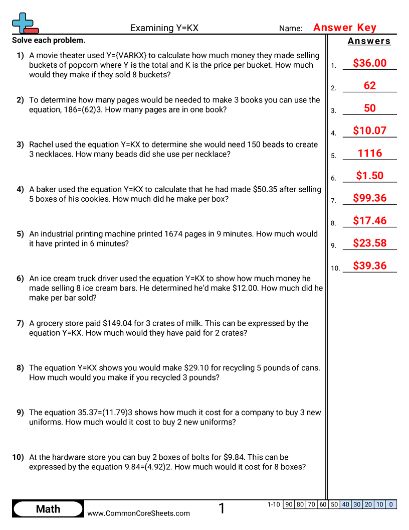 7th Grade Ratio Worksheets - examining-y-kx worksheet