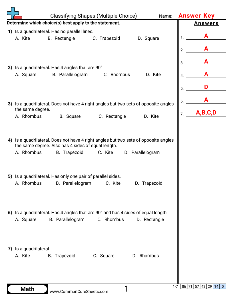 Shapes Worksheets - classifying-shapes-multiple-choice worksheet