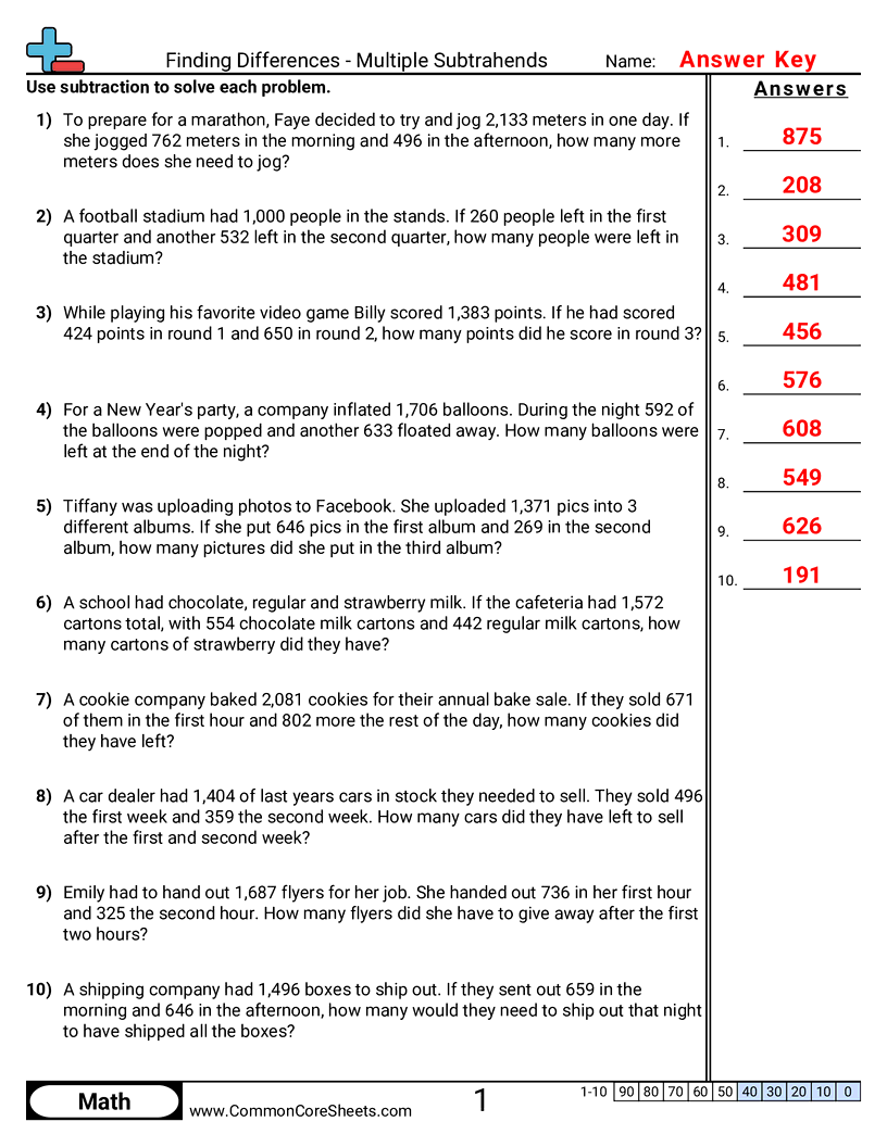Subtraction Worksheets - multiple-subtrahends worksheet