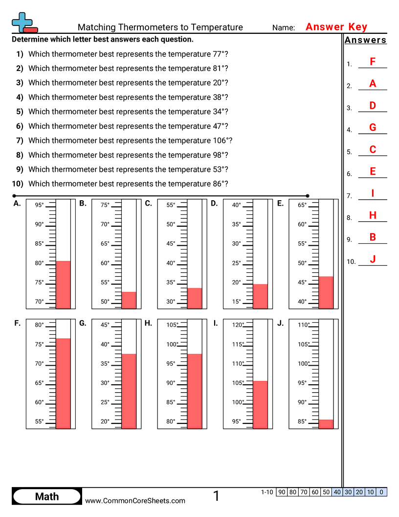 Temperature Worksheets - matching-thermometers worksheet