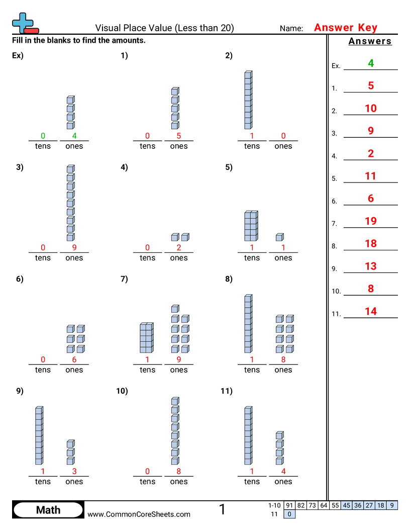 Value & Place Value Worksheets - visual-place-value-less-than-20 worksheet